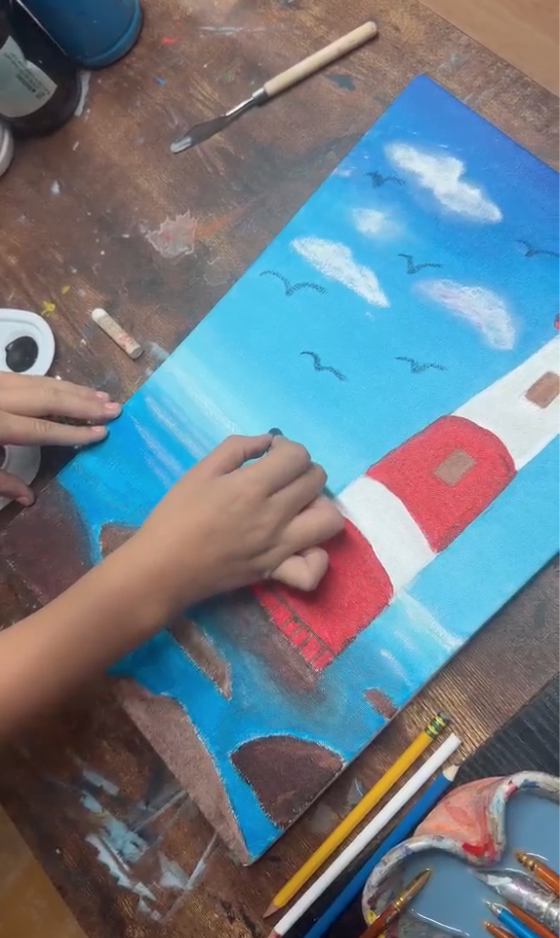 Detailed lighthouse painting with clouds and birds